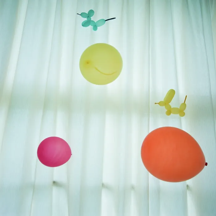 Framed Print : Colorful balloons against white curtain Framed Print : Colorful balloons against white curtain