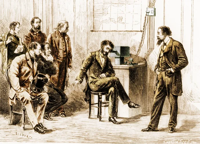 Framed Print : Early telephone demonstration