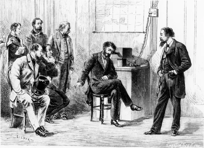 Framed Print : Early Telephone Demonstration Framed Print : Early Telephone Demonstration