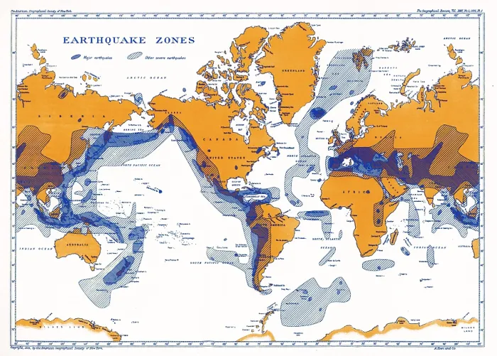 Framed Print : Earthquake Zones Map Framed Print : Earthquake Zones Map