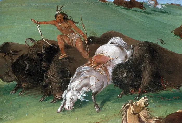Framed Print : Detail of George Catlin's Buffalo Hunt lithograph, in his Native American series