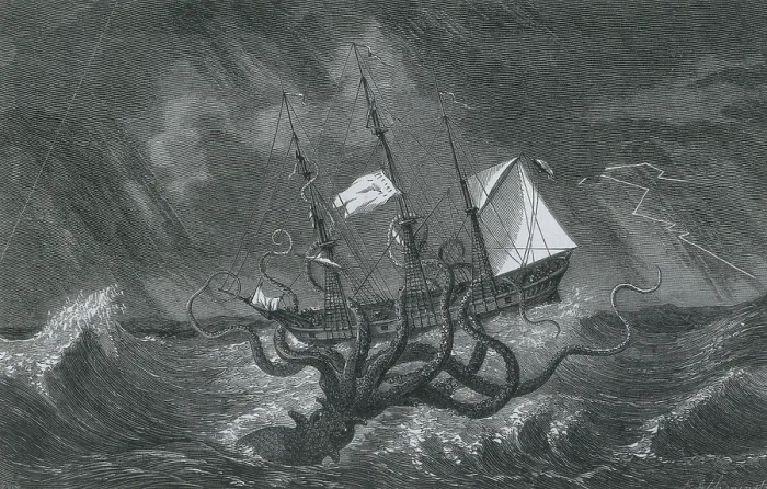 Framed Print : Giant Squid Attacking Ship, 1700 Framed Print : Giant Squid Attacking Ship, 1700