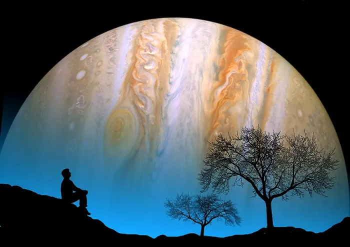 Framed Print : Jupiter. Composite photograph of a man looking up at the night sky Framed Print : Jupiter. Composite photograph of a man looking up at the night sky