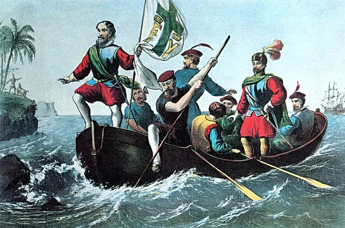 Framed Print : Landing of Columbus at San Salvador, 1492