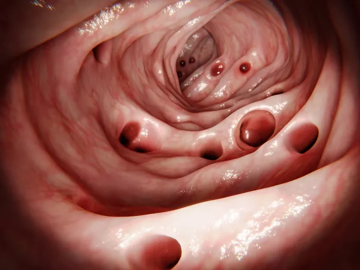 Framed Print : Massive diverticulosis in human intestine, computer artwork