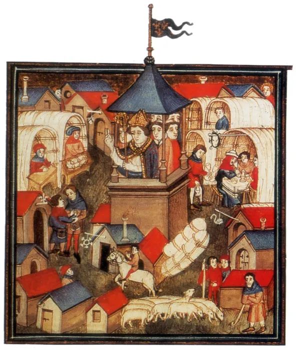 Framed Print : Medieval Benediction and Market Fair, 14th Century Framed Print : Medieval Benediction and Market Fair, 14th Century