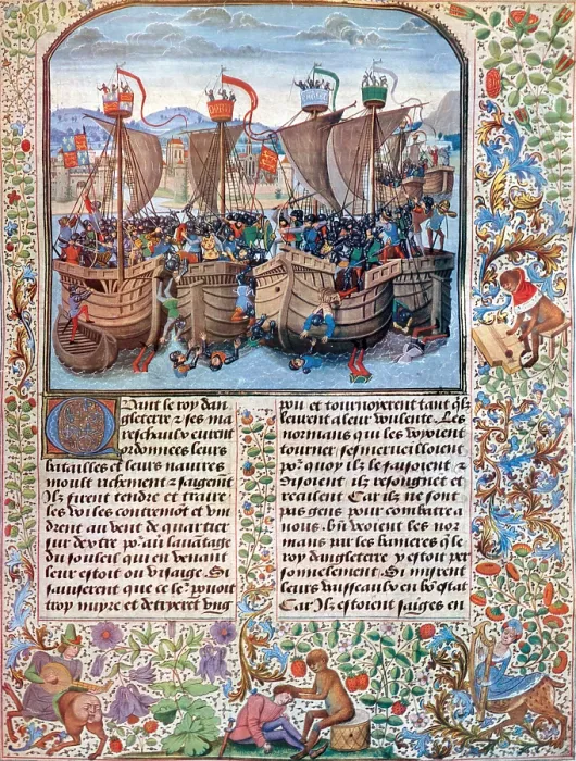 Framed Print : Medieval Manuscript Page, Illustrating the Battle Of Sluys, 1340 Framed Print : Medieval Manuscript Page, Illustrating the Battle Of Sluys, 1340
