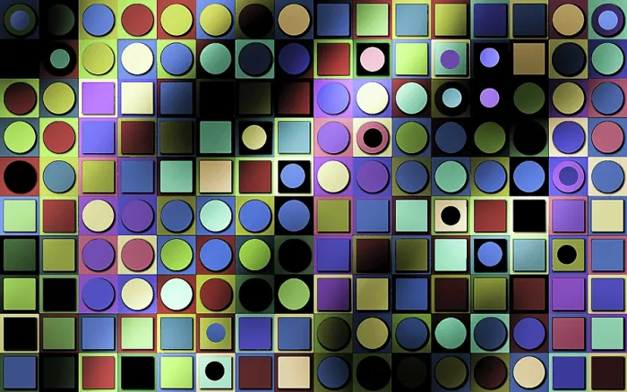 Framed Print : Multicolored full frame abstract geometric pattern of circles and squares