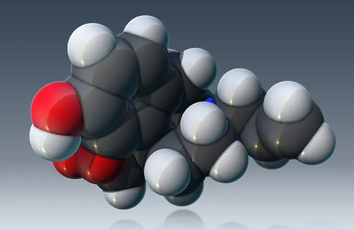 Framed Print : Naloxone, molecular model