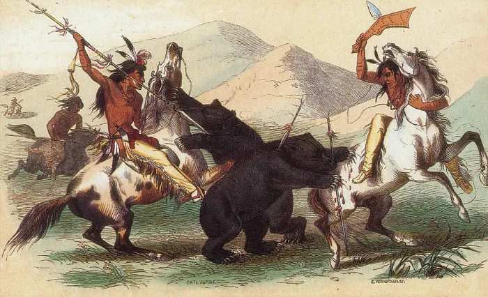 Framed Print : Native American Indian Bear Hunt, 19th Century Framed Print : Native American Indian Bear Hunt, 19th Century