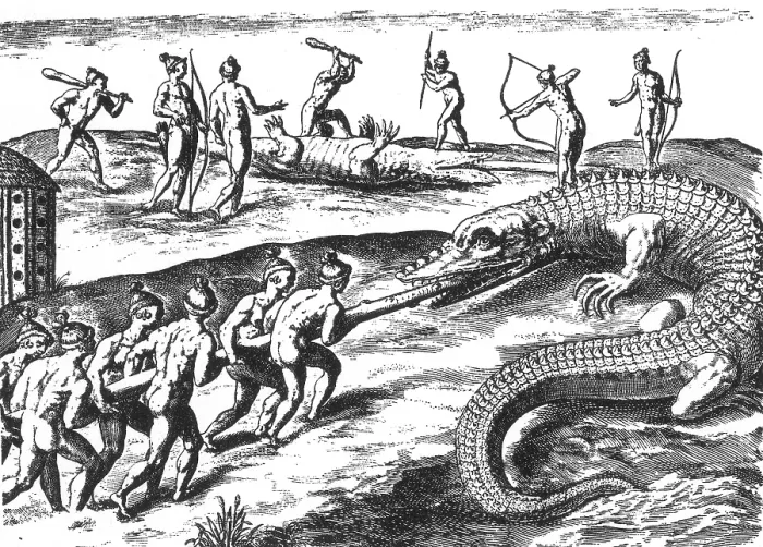 Framed Print : Native American Indians Crocodile Hunting, 16th Century Framed Print : Native American Indians Crocodile Hunting, 16th Century