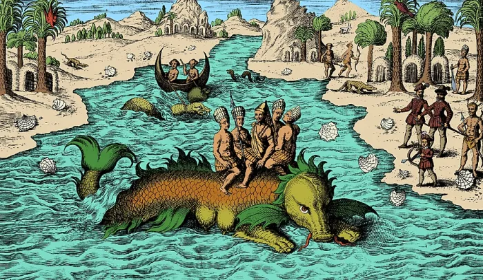 Framed Print : Native Noblemen Riding Sea Monster, 1621 Framed Print : Native Noblemen Riding Sea Monster, 1621
