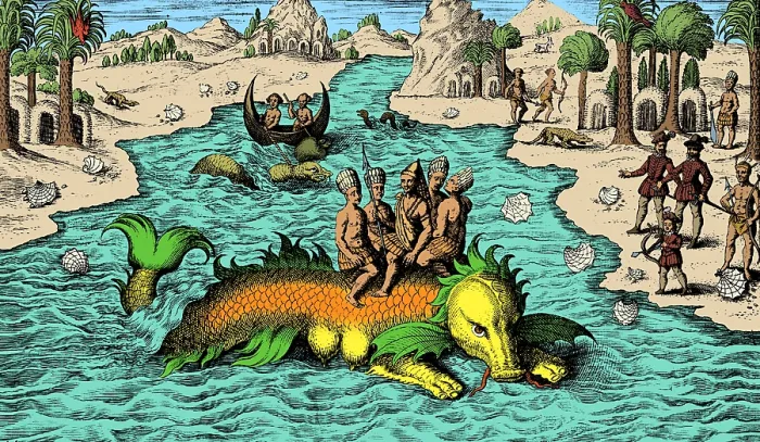 Framed Print : Native Noblemen Riding Sea Monster, 1621 Framed Print : Native Noblemen Riding Sea Monster, 1621