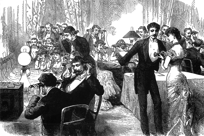 Framed Print : New Year's Telephone Party, 1882 Framed Print : New Year's Telephone Party, 1882