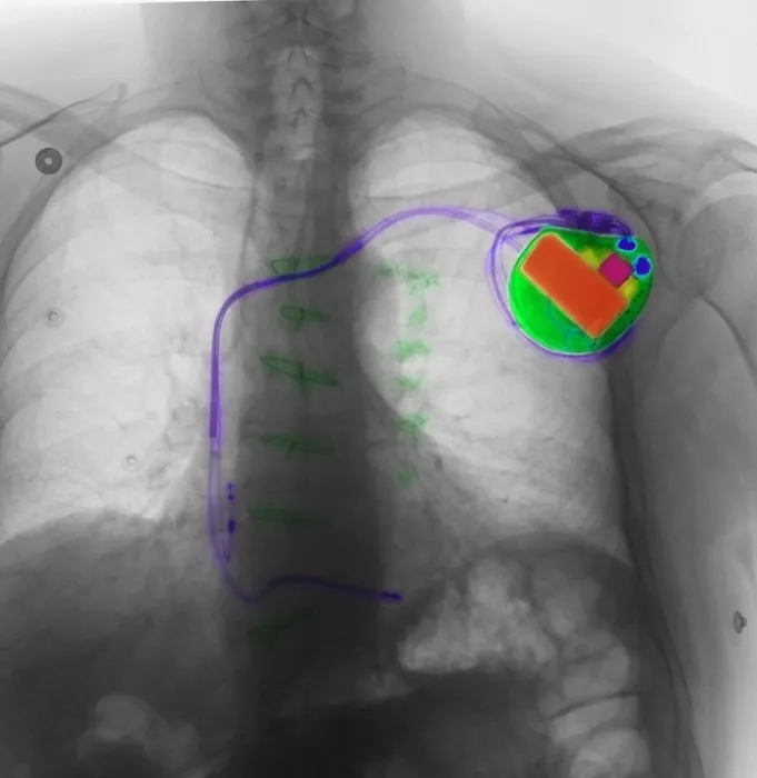 Framed Print : Pacemaker. Color-enhanced chest X-ray showing a pacemaker Framed Print : Pacemaker. Color-enhanced chest X-ray showing a pacemaker