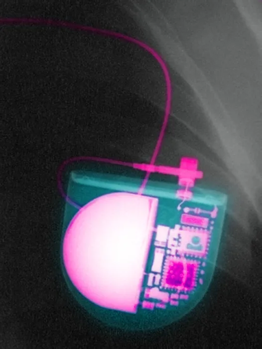 Framed Print : Pacemaker. Color enhanced x-ray of a pacemaker placed in a Bolivian patient Framed Print : Pacemaker. Color enhanced x-ray of a pacemaker placed in a Bolivian patient