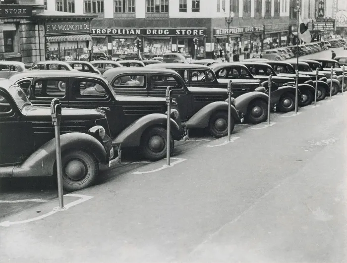 Framed Print : Parked Cars & Meters, 1938 Framed Print : Parked Cars & Meters, 1938