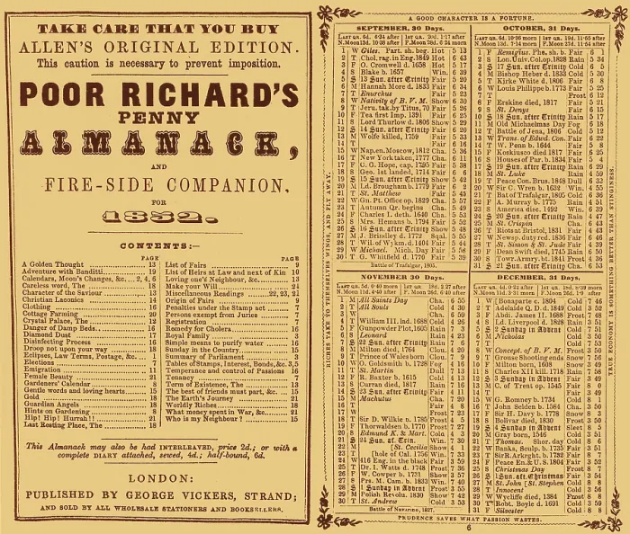 Framed Print : Poor Richard's Penny Almanack, 1852 Framed Print : Poor Richard's Penny Almanack, 1852