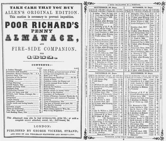 Framed Print : Poor Richard's Penny Almanack, 1852