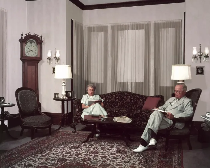 Framed Print : President Harry Truman and his wife, First Lady Bess Truman in their living room