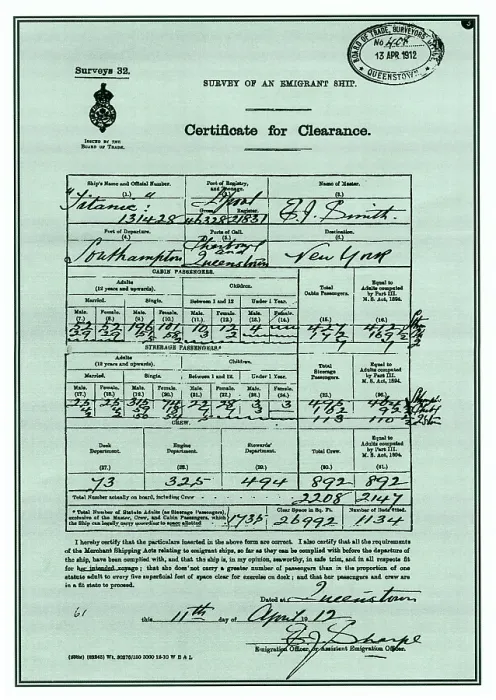 Framed Print : RMS Titanic, Certificate for Clearance, 1912