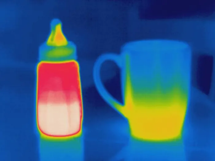 Framed Print : Thermogram of a baby bottle and coffee cup Framed Print : Thermogram of a baby bottle and coffee cup