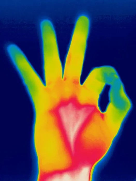 Framed Print : A thermogram of a hand giving the 'OK' sign Framed Print : A thermogram of a hand giving the 'OK' sign