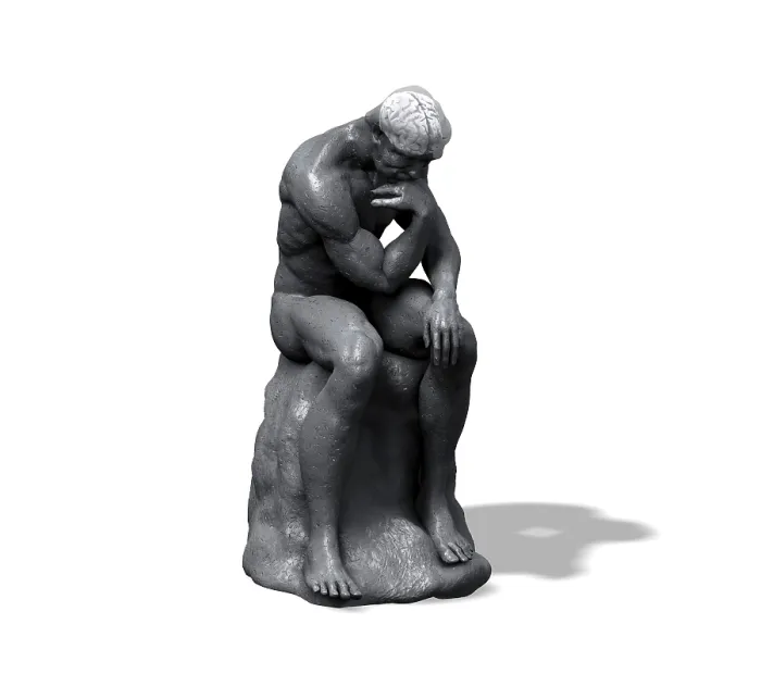 Framed Print : The Thinker with exposed brain, 3D artwork