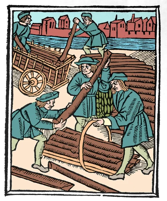 Framed Print : Timber Haulers, Medieval Tradesmen Framed Print : Timber Haulers, Medieval Tradesmen