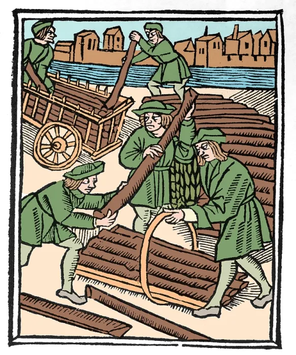 Framed Print : Timber Haulers, Medieval Tradesmen