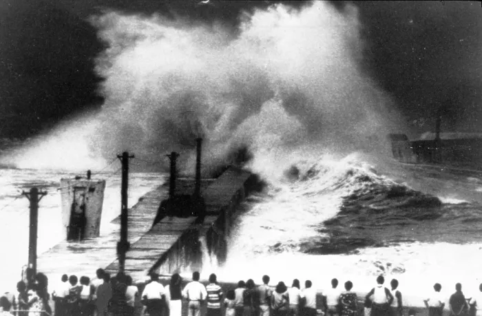 Framed Print : Typhoon generated waves striking a breakwater in Japan Framed Print : Typhoon generated waves striking a breakwater in Japan