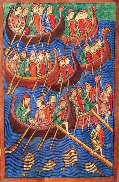 Framed Print : Vikings in Ships Invade England 9th Century, Medieval Illuminated or Illustrated Manuscript Framed Print : Vikings in Ships Invade England 9th Century, Medieval Illuminated or Illustrated Manuscript