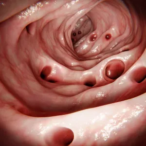 Massive diverticulosis in human intestine, computer artwork