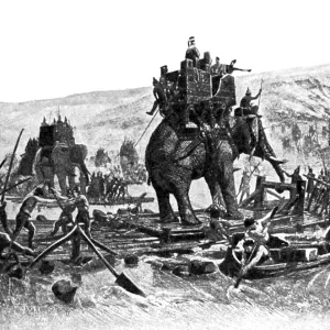 La Guerre d'Hannibal : Éléphants de guerre de Hannibal traversent le Rhône, Deuxième guerre punique. La Guerre d'Hannibal : Éléphants de guerre de Hannibal traversent le Rhône, Deuxième guerre punique.