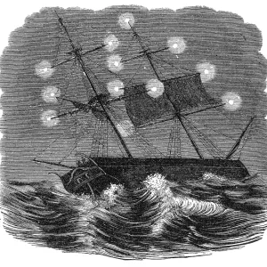 Print of St. Elmo's Fire on a sailing ship mast, 1860