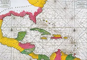 Prints of A Dutch map of 1708 showing the Spanish Main, the mainland coast of the Spanish Empire, toward the end of the great era of Spanish treasure fleets History Prints: 1708 Map of the Spanish Main