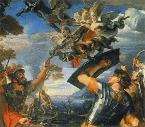 Fable Prints: Aeneas and His Companions Fighting the Harpies
