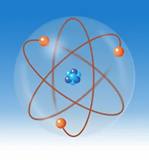 Prints of Illustration of the atomic model showing the nucleus composed of protons and neutrons surrounded by orbiting electrons History Prints: Atomic Model, Illustration