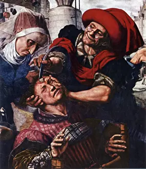 Village Prints: Barber-Surgeon Treating Head Injury, 16th Century