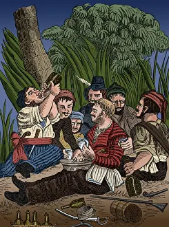 Buccaneer Prints: Bartholmew Roberts and Crew Drinking Rum, 18th Century