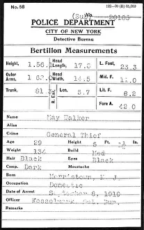 Reverse Prints: Bertillon Card, 1910, 2 of 2