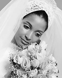 Reflecting Prints: Black Bride Holds a Bouquet of Roses, 1970s, Retro, Classic Nostalgia