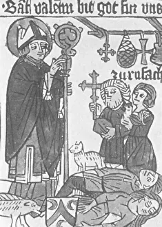Prints of The black death swept through Europe, leaving no country untouched, before it reached England. This is a German Pestblatt carried to protect the owner from pestilence History Prints: Black Death, 14th Century