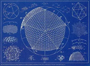 Prints of Buckminster Fuller. Building Construction/Geodesic Dome. United States Patent no. 2.682.235, filed December 12, 1951. Screen-print, white ink on transparent film over sheet of blue paper, 1981 History Prints: Building Construction/Geodesic Dome, 1951