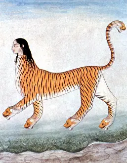 Prints of Undated 19th century painting of the legendary Indian chimera, her paws and tail capped with ravening heads.The Chimera was a monstrous fire-breathing female and male creature of Lycia in Asia Minor History Prints: Chimera, Legendary Creature