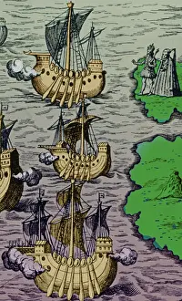 Boats Prints: Christopher Columbus Caravels Depart Spain, 1492