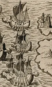 Boats Prints: Columbus Caravels Depart Spain, 1492