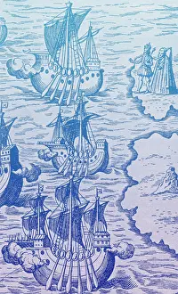 Boats, Ships, Maritime Prints: Columbus Caravels Depart Spain, 1492