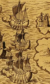 Boats Prints: Columbus Caravels Depart Spain, 1492