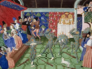 14th Prints: Costumed Dancing Men on Fire, Bal Des Ardents, 1393 King Charles VI, Paris, Middle Ages